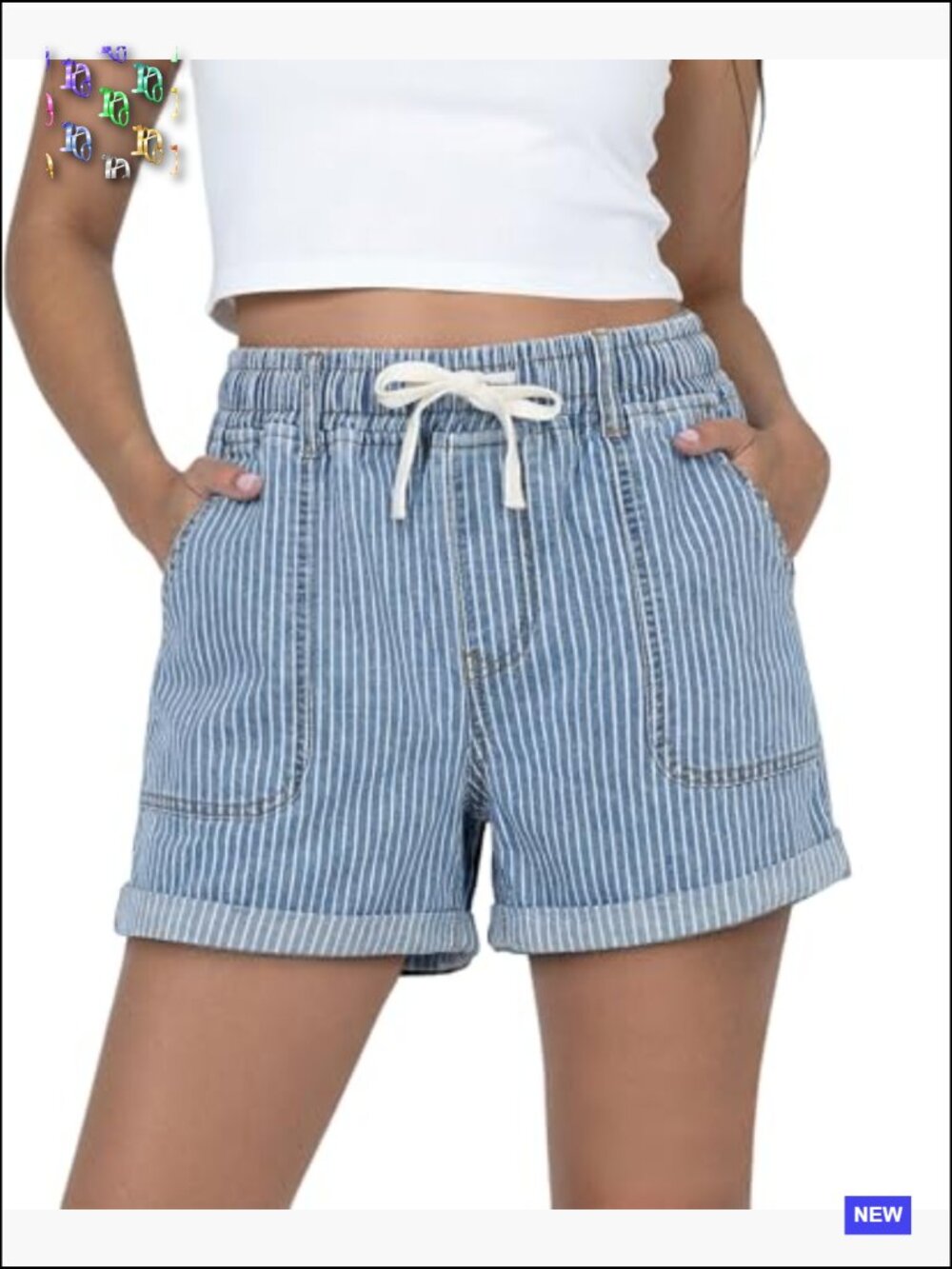 High Waisted Drawstring Elastic Waist Summer Stretchy Denim Jorts with Pockets - Picture 2 of 6